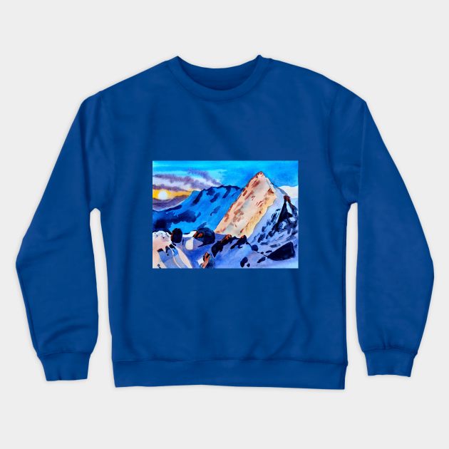 Mountain travel illustration in watercolours Crewneck Sweatshirt by Ala Lopatniov